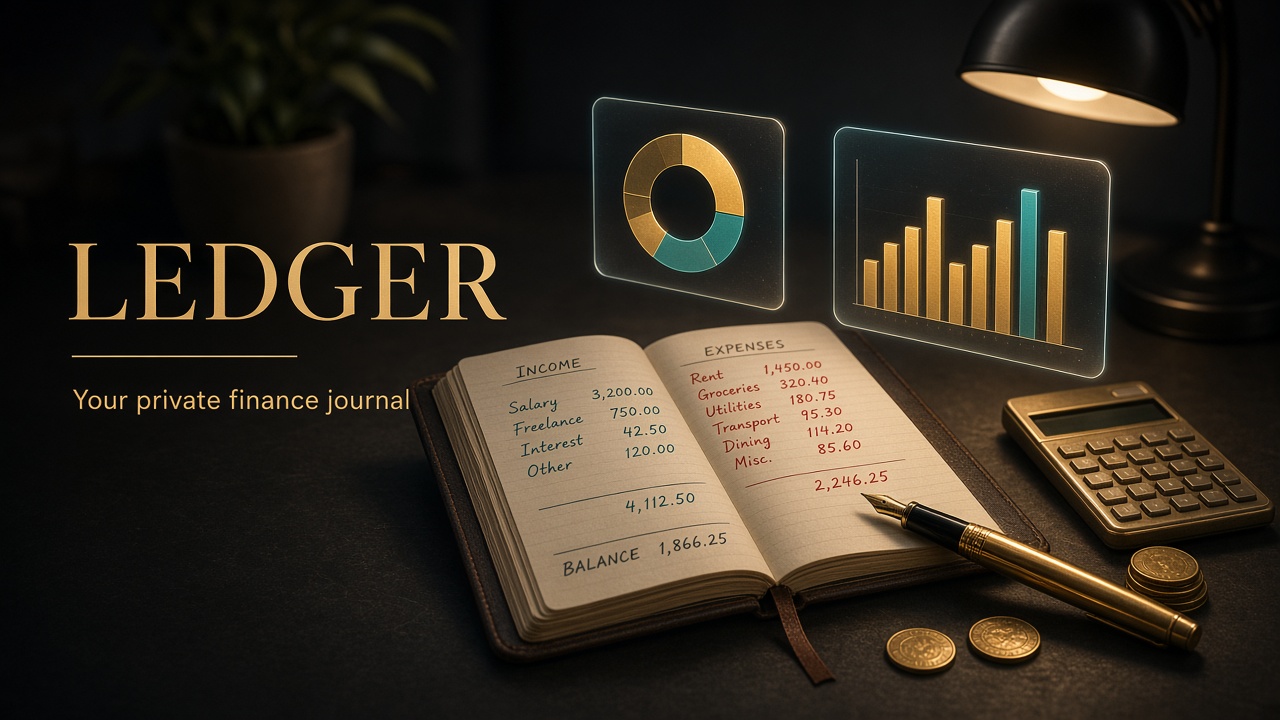Ledger: an open ledger book with income and expense columns, a gold pen and glowing charts